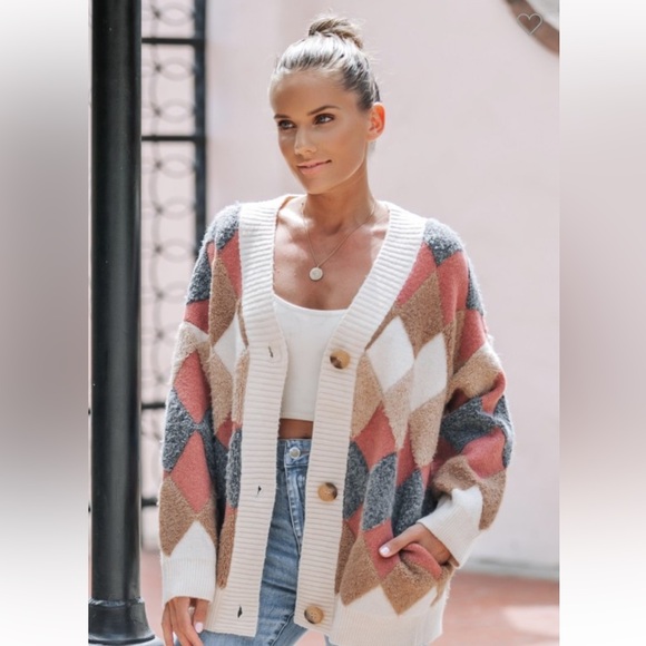 SS1–Cozy Argyle Button-Up Cardigan Sweater - Picture 2 of 2